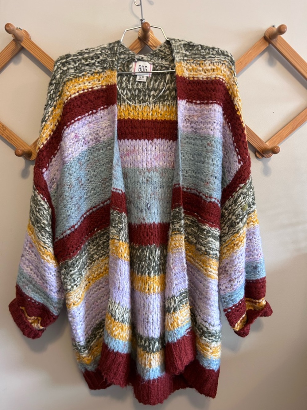 BDG Multicolor Striped Open-Front Cardigan - Burgundy, Yellow, Lavender, Sage